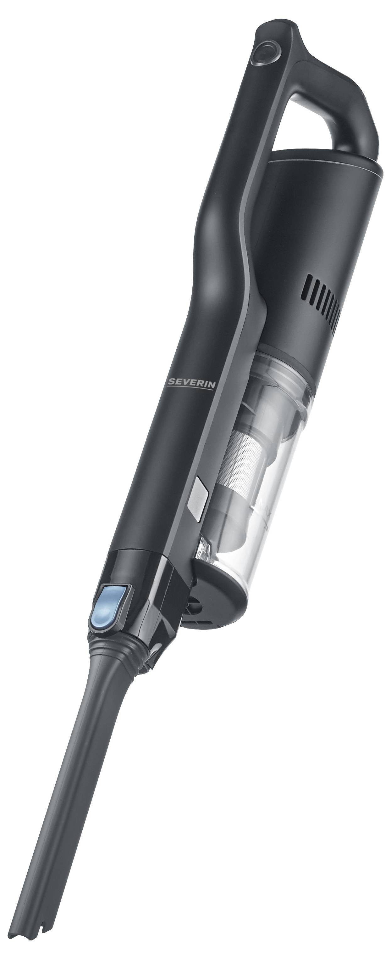 Bezprzewodowy odkurzacz ręczny o smukłej sylwetce, idealny do drobnych prac porządkowych. Czarna powierzchnia z ergonomicznym uchwytem.