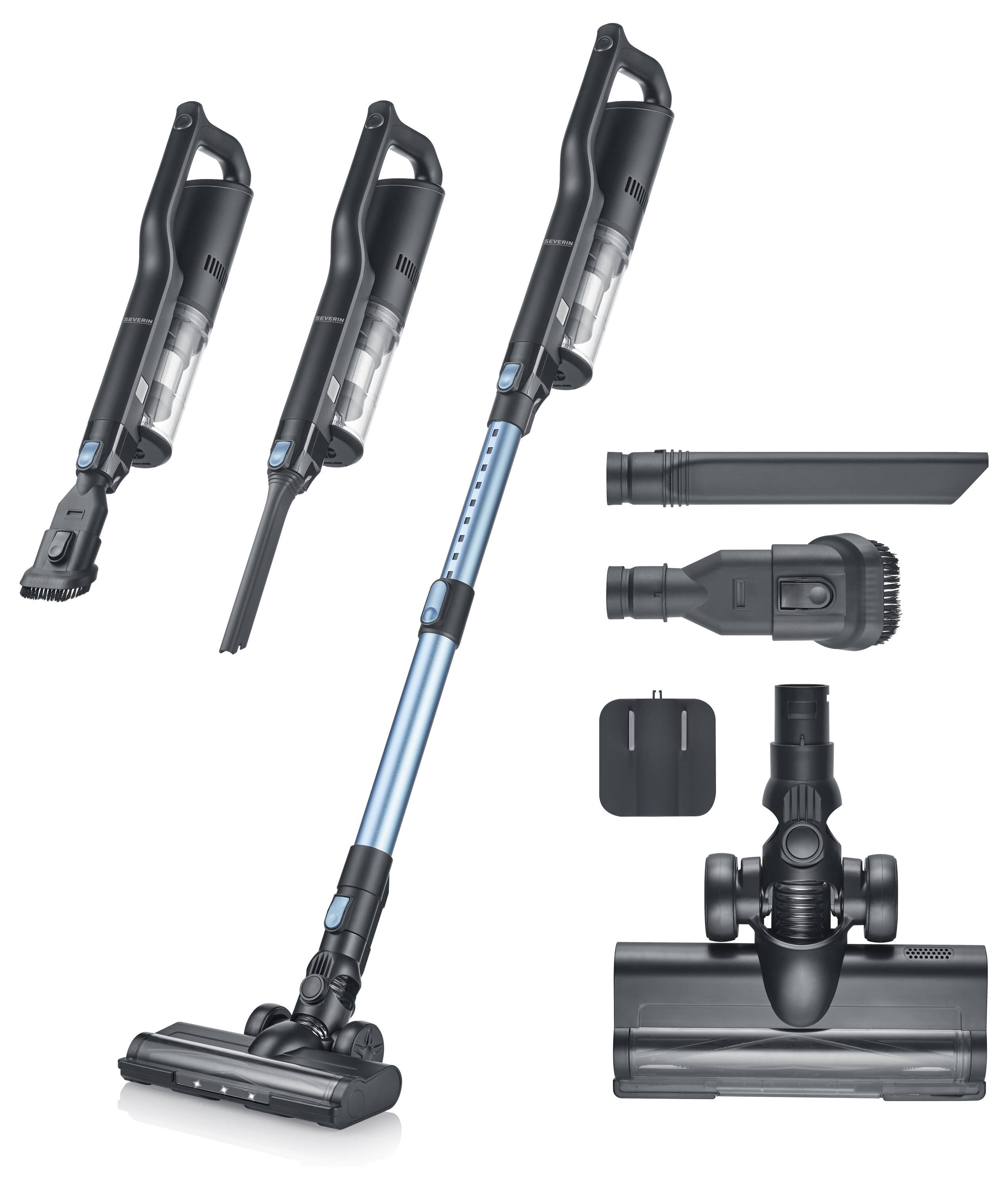Wielofunkcyjny odkurzacz z trzema zdejmowanymi uchwytami, różnymi końcówkami i niebieskim przedłużaczem. Idealny do elastycznych prac porządkowych.