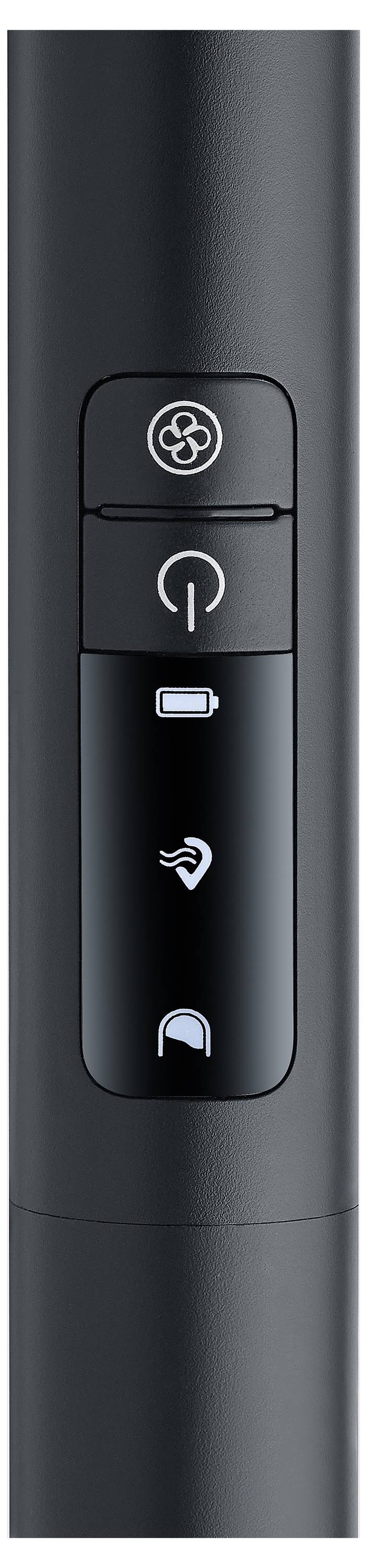 Czarny panel sterujący z czterema przyciskami symbolicznymi: wentylator, strzałka, płomień i haczyk. Przedstawia elementy sterujące urządzenia.