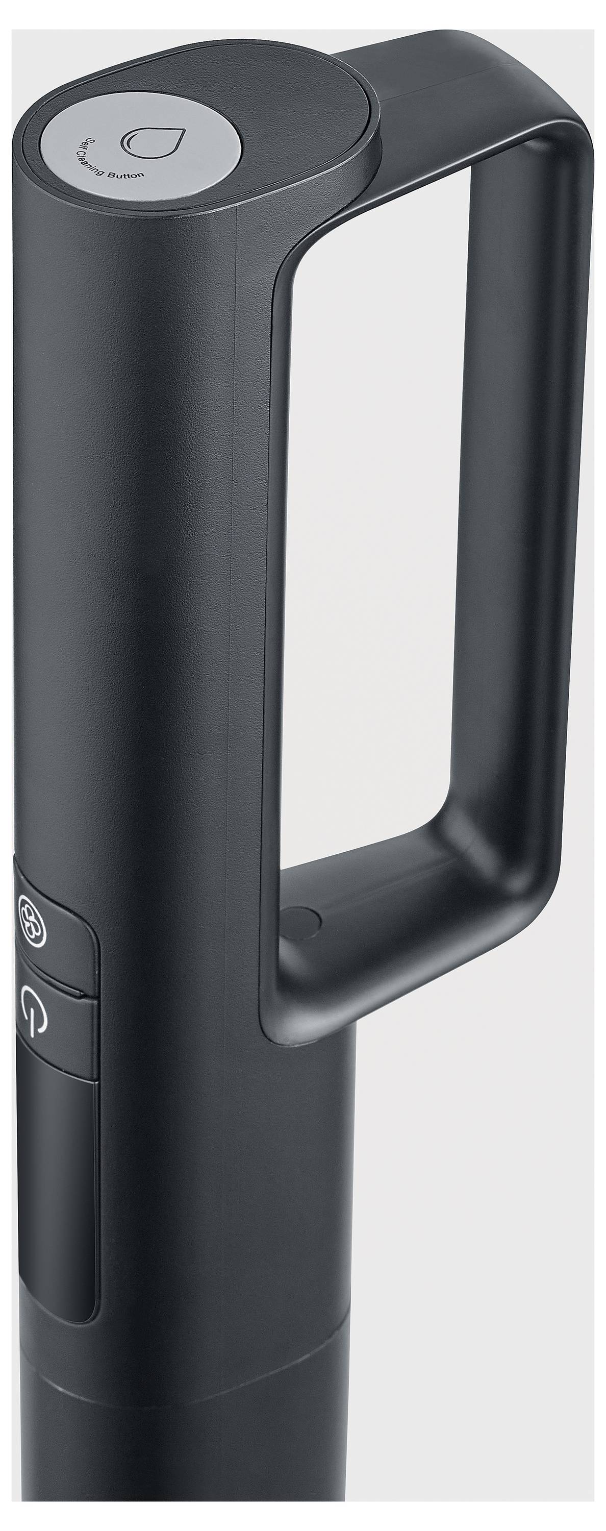 Czarny ergonomiczny uchwyt z okienkiem kontrolnym, odpowiedni do urządzeń domowych lub narzędzi, widok szczegółowy przycisku od góry.