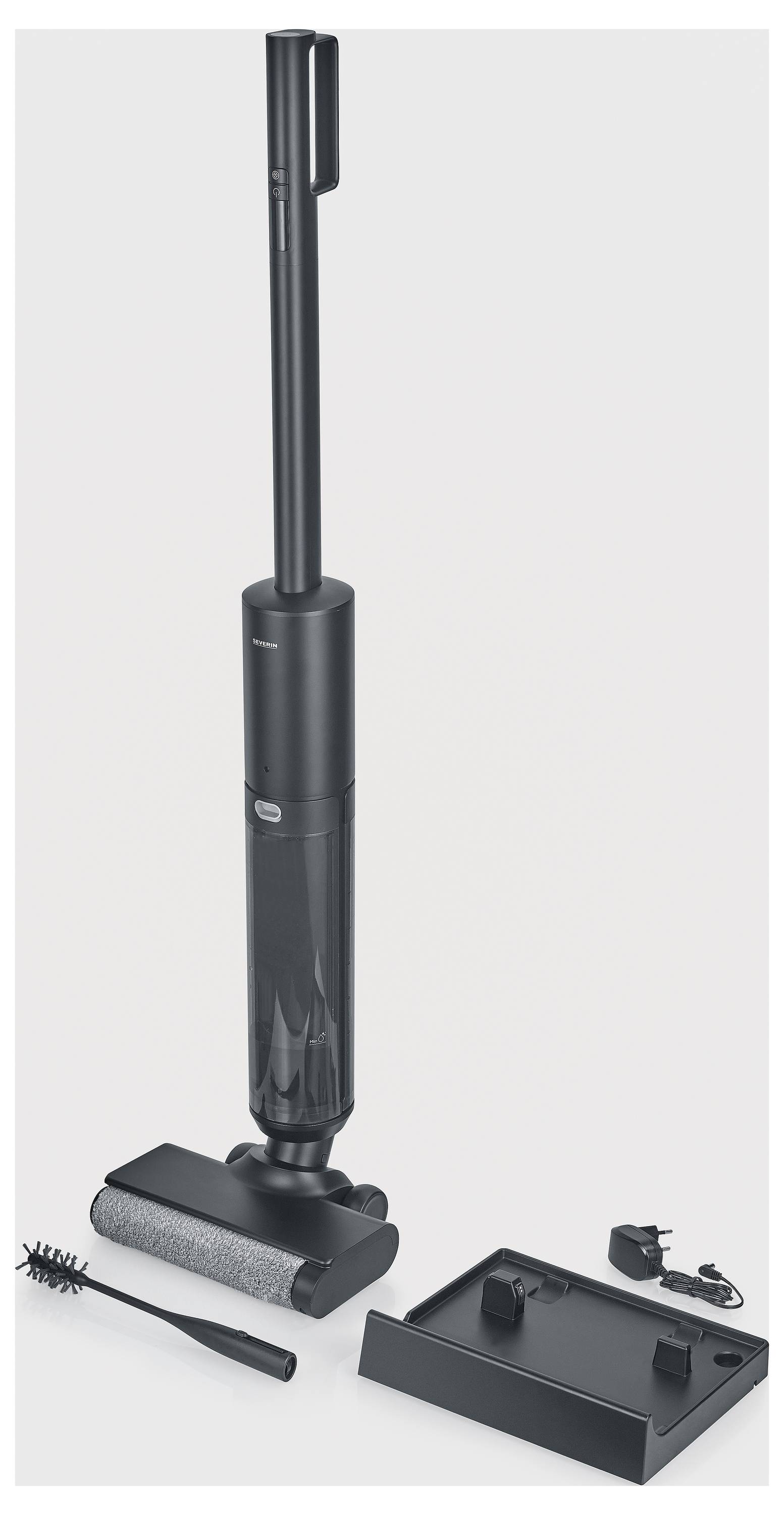 Smukły, pionowy odkurzacz w kolorze czarnym, prezentowany wraz z odejmowanymi akcesoriami: stacją ładującą, szczotką i narzędziem do czyszczenia.