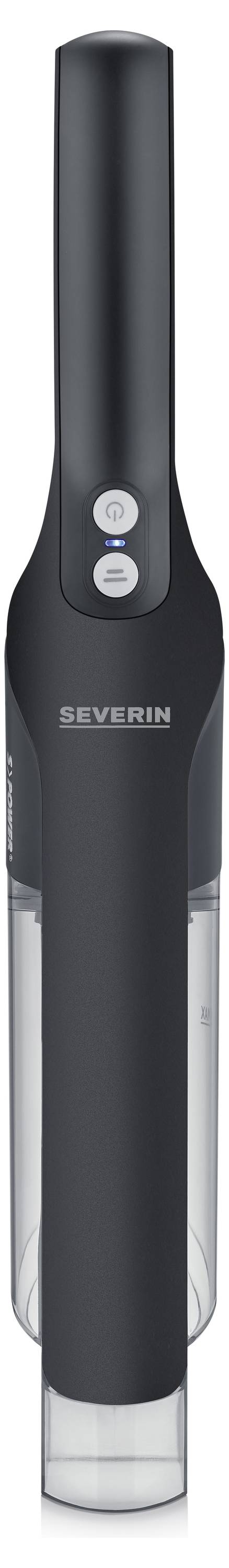 Czarny bezprzewodowy ręczny odkurzacz o nowoczesnym designie. Posiada dwa przyciski i prezentuje nazwę marki 'SEVERIN'.