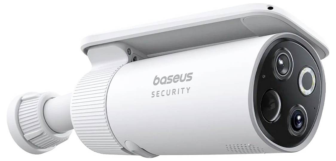 Biała kamera monitoringu z napisem 'Baseus Security'. Posiada trzy obiektywy i nowoczesny, cylindryczny kształt.