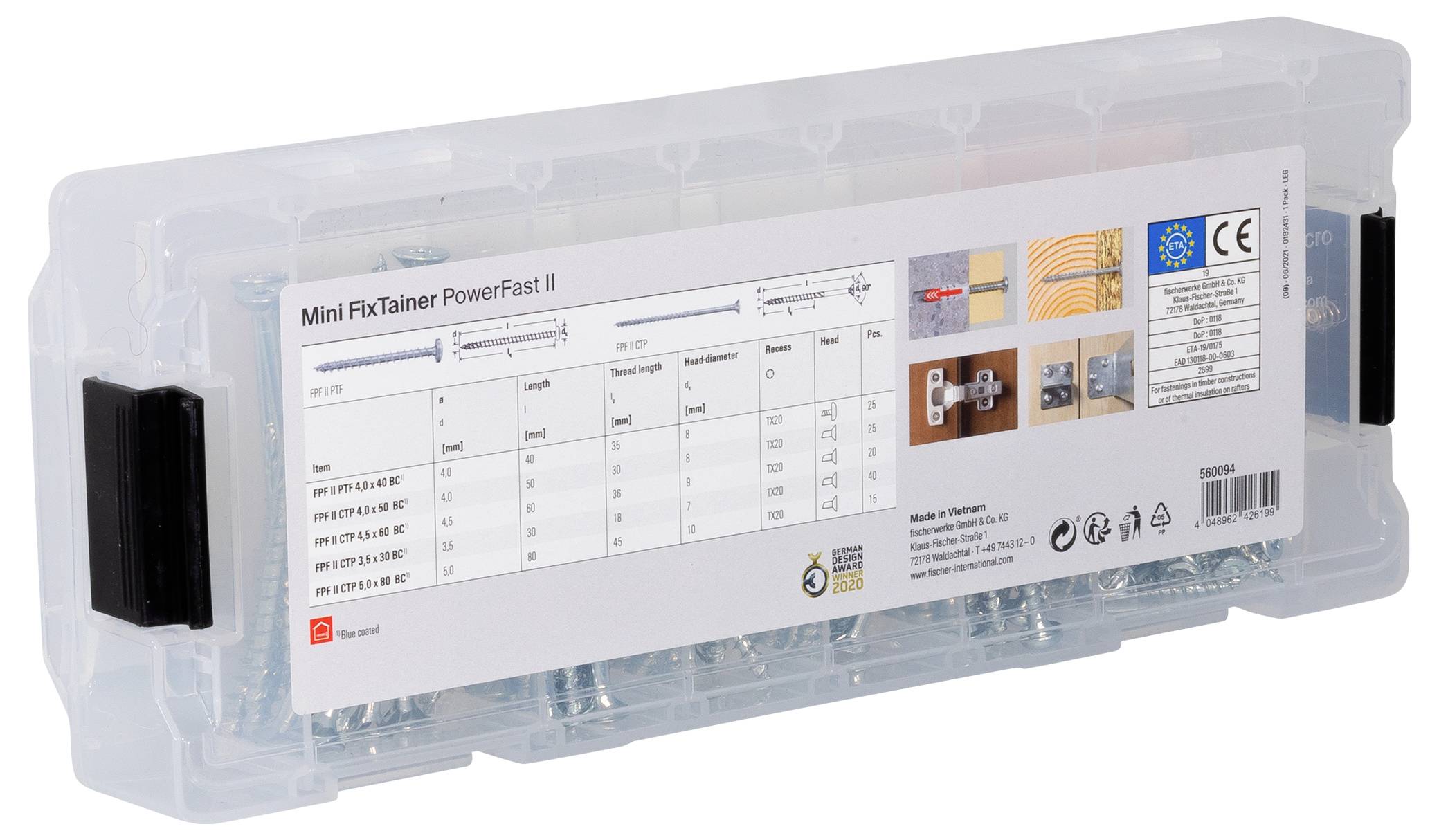 Przezroczyste pudełko z tworzywa sztucznego z napisem 'Mini FixTainer PowerFast II', zawierające różne śruby, wymiary i symbole.