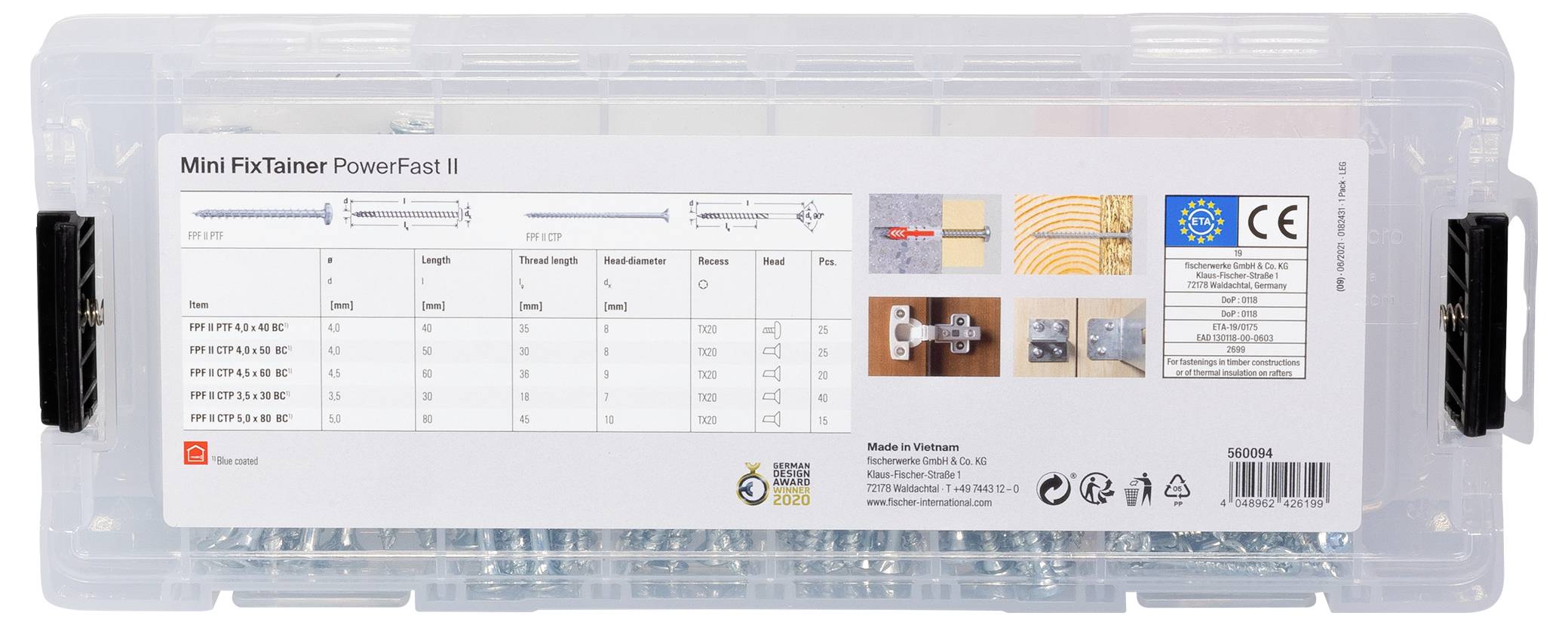 Przezroczyste pudełko z tworzywa sztucznego ze śrubami, etykieta z napisem 'Mini FixTainer PowerFast II', zawierająca wymiary, szczegóły producenta oraz certyfikat UE.