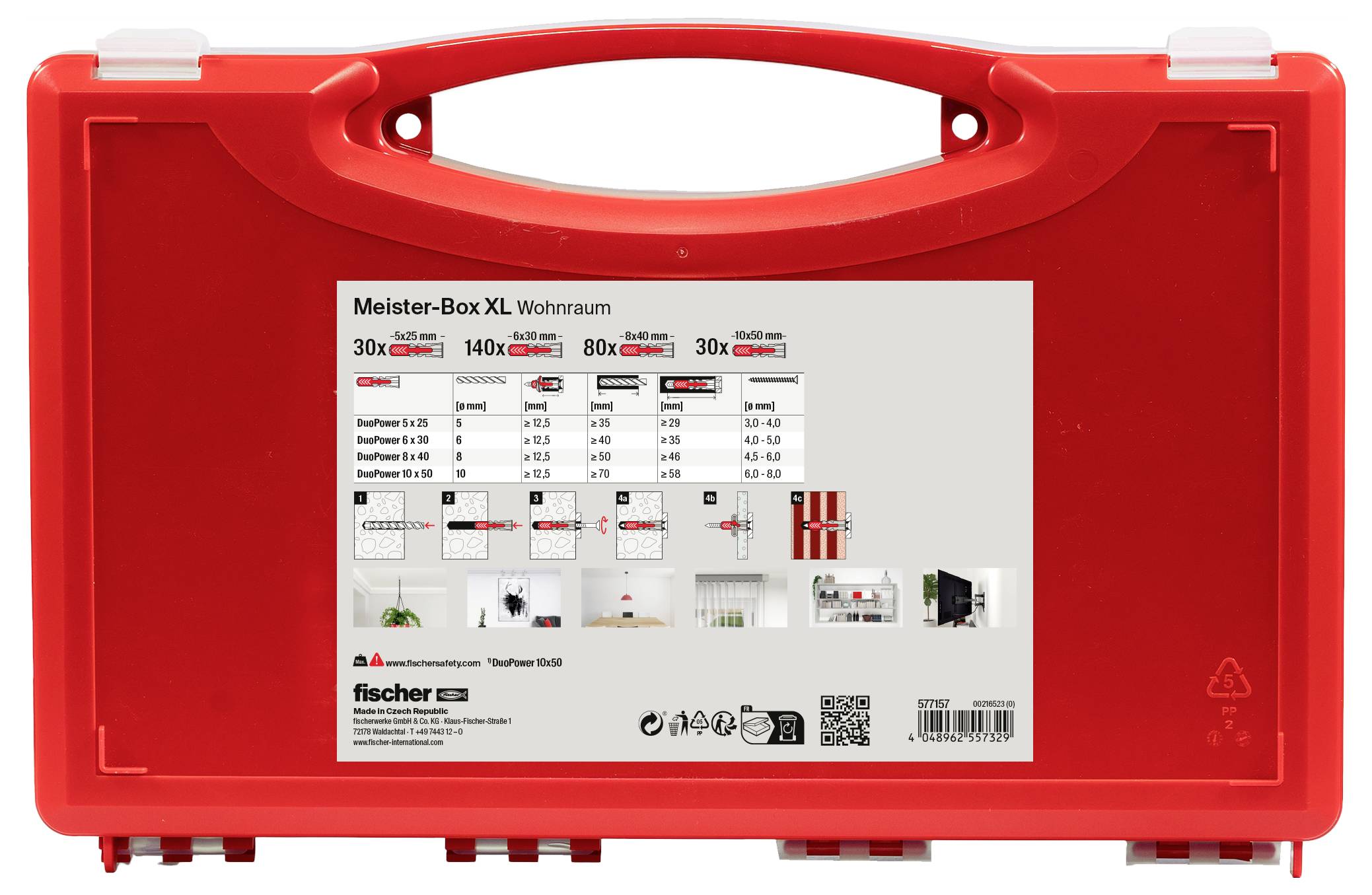 Czerwone plastikowe pudełko z uchwytem, etykieta pokazuje różne typy kołków i śrub z informacjami o ilościach, poniżej wskazówki dotyczące użycia.