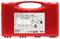 Czerwona skrzynka narzędziowa z naklejką. Zawiera różne kołki i śruby. Tabela przedstawia szczegóły dotyczące ilości i rozmiarów. Nazwa marki widoczna.