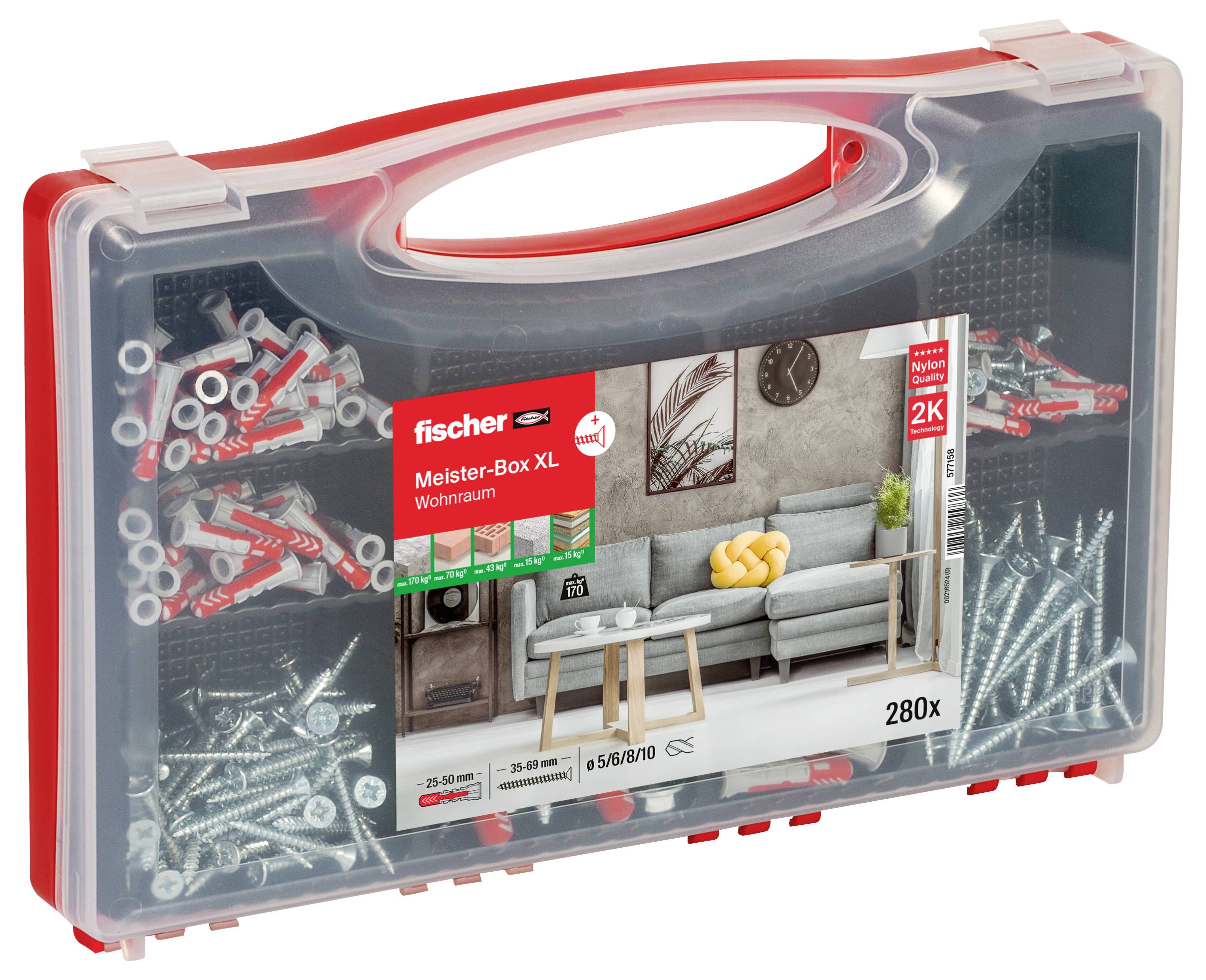 Zestaw 'Meister-Box XL Wohnraum' zawarty w czerwonym pudełku: różnorodne śruby, kołki, haki, wiertła dla majsterkowiczów, z szczegółowymi instrukcjami i ilustracjami użycia.