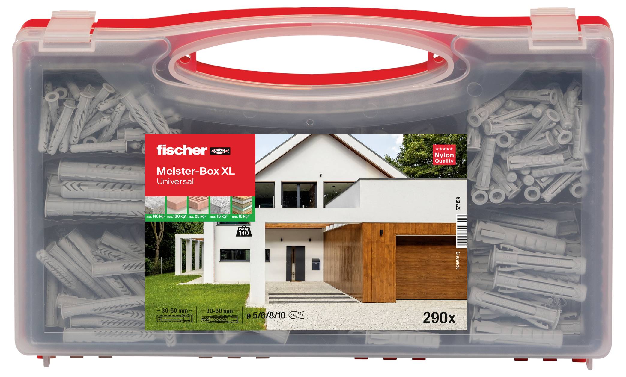 Plastikowe pudełko ze śrubami i kołkami. Etykieta przedstawia nowoczesny obraz domu i napis 'fischer Meister-Box XL Universal'.