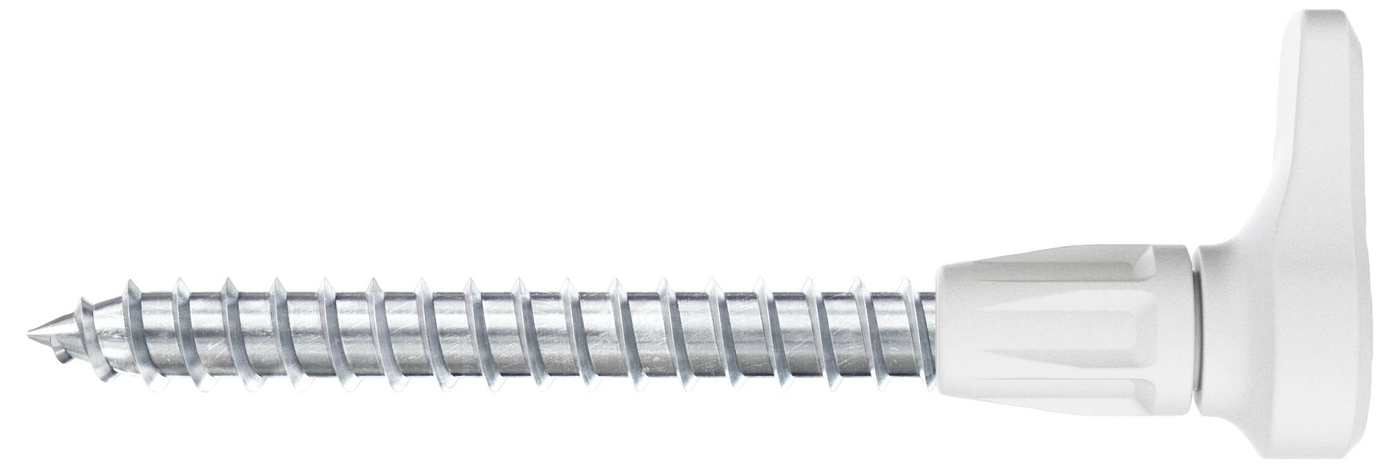 Metalowa śruba z białą plastikową główką, przedstawiona z boku. Śruba jest srebrzysta i połyskująca, zakończona spiczastym końcem.