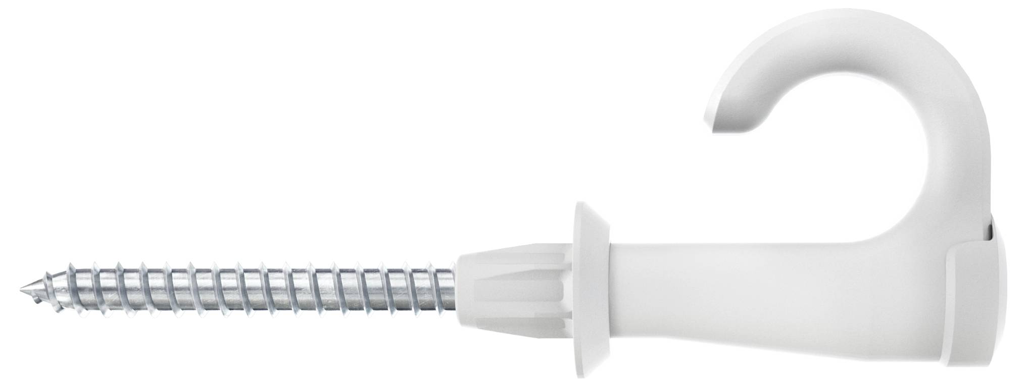 Biały hak-śruba, gwintowana częściowo, z plastikową główką i hakiem. Odpowiednia do montażu ściennego i sufitowego.
