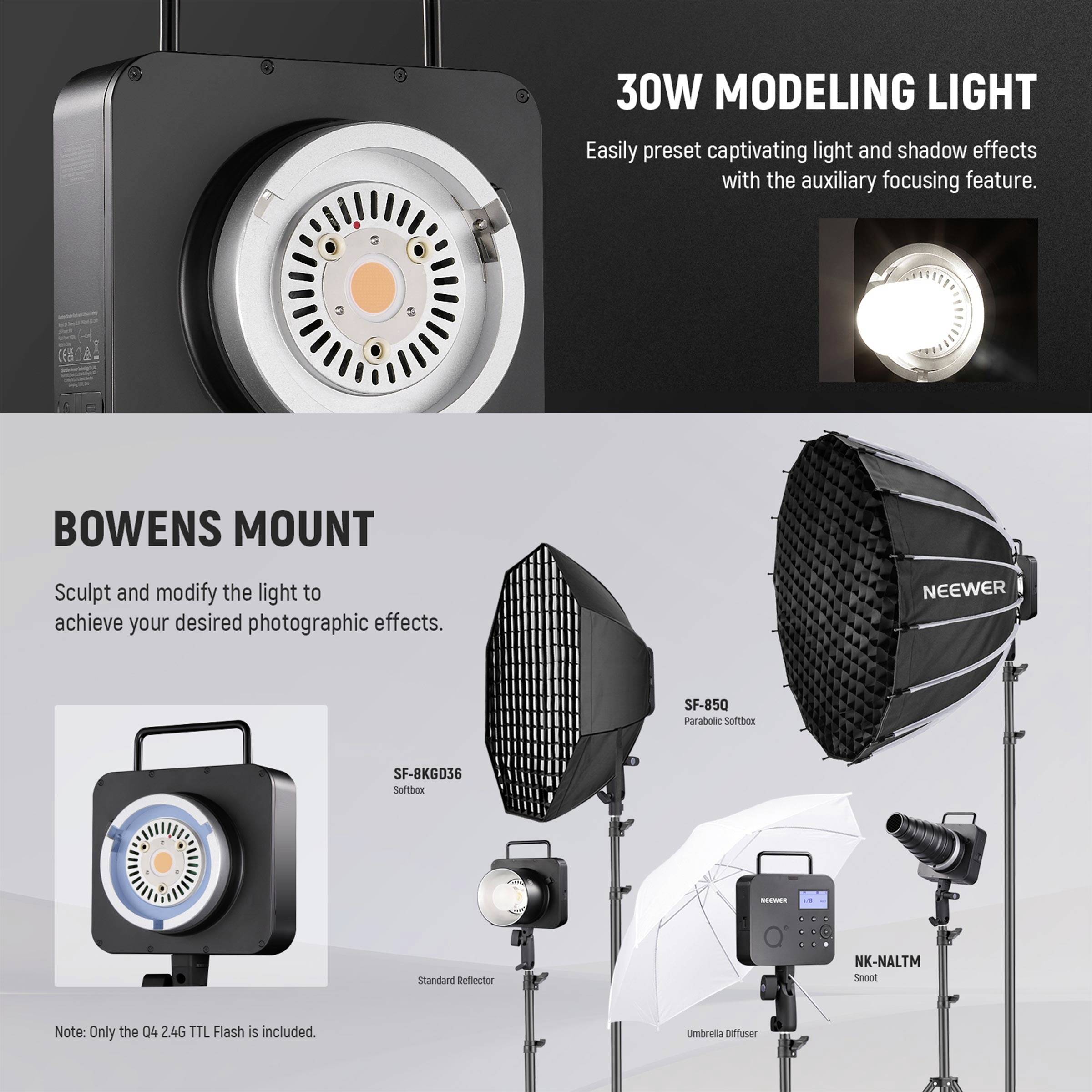 Lampa LED o mocy 30 W z mocowaniem Bowensa, idealna do fotografii. Prezentuje montaż na różnych statywach pod różnymi kątami świecenia.