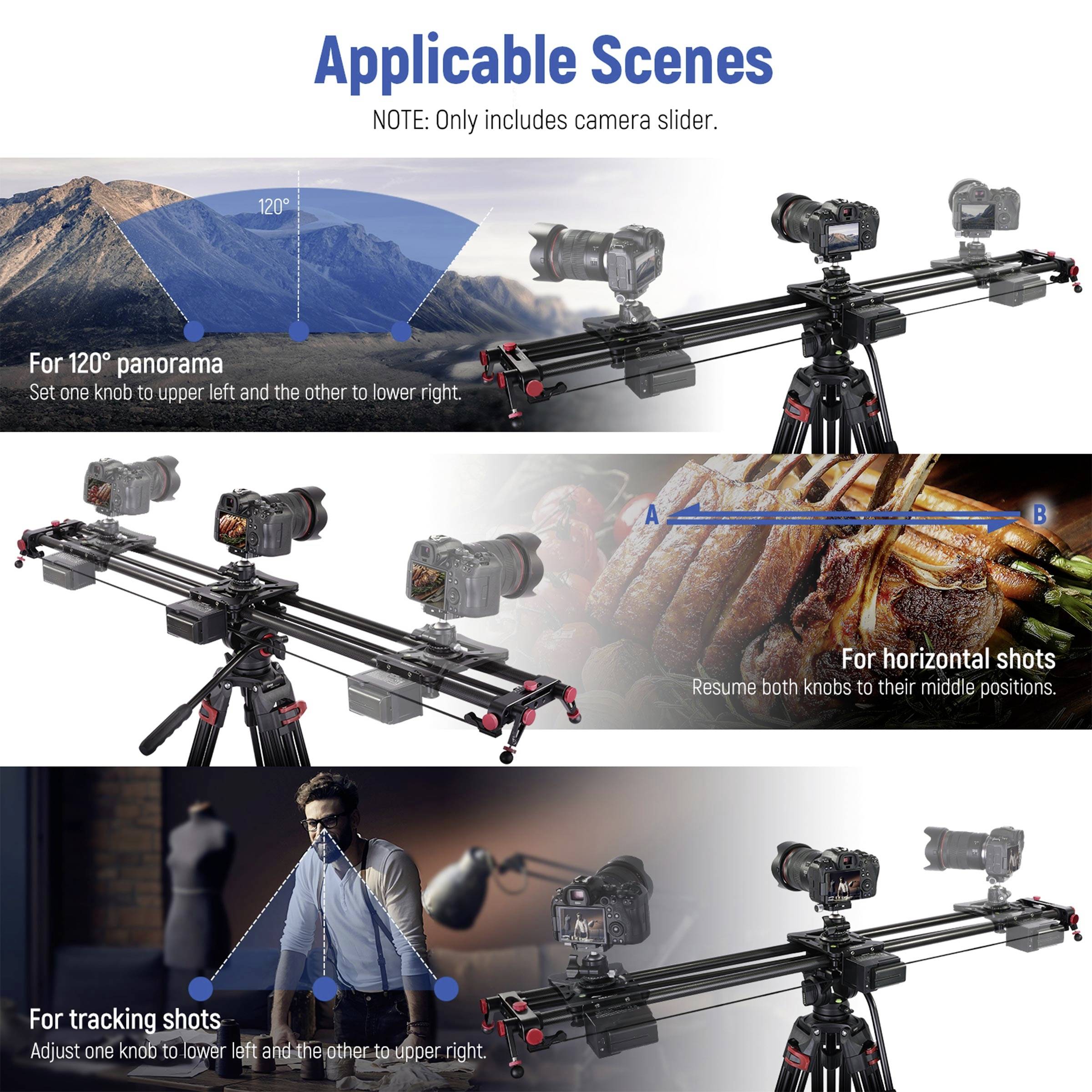 Sanki do kamery do różnych scen nagraniowych: panorama 120°, ujęcia poziome i ujęcia z śledzeniem. Trzy kamery zamontowane na saniach wspólnie ustawione na statywie.