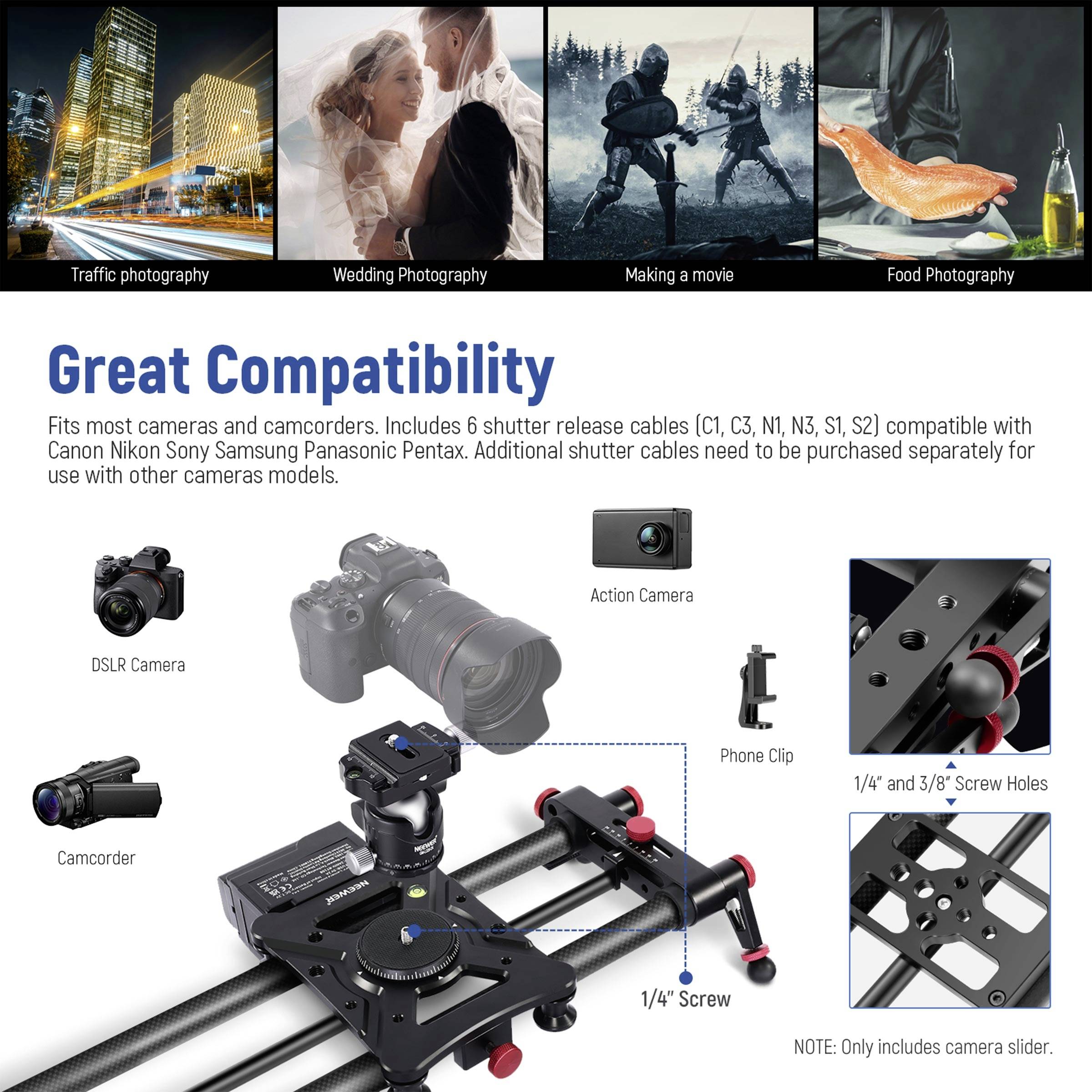 Opis zdjęcia akcesoriów do wózka kamerowego. Przedstawia zastosowania w fotografii ulicznej, ślubnej, filmowej oraz fotografii kulinarnej. Szczegóły dotyczące kompatybilności i wyposażenia dodatkowego.