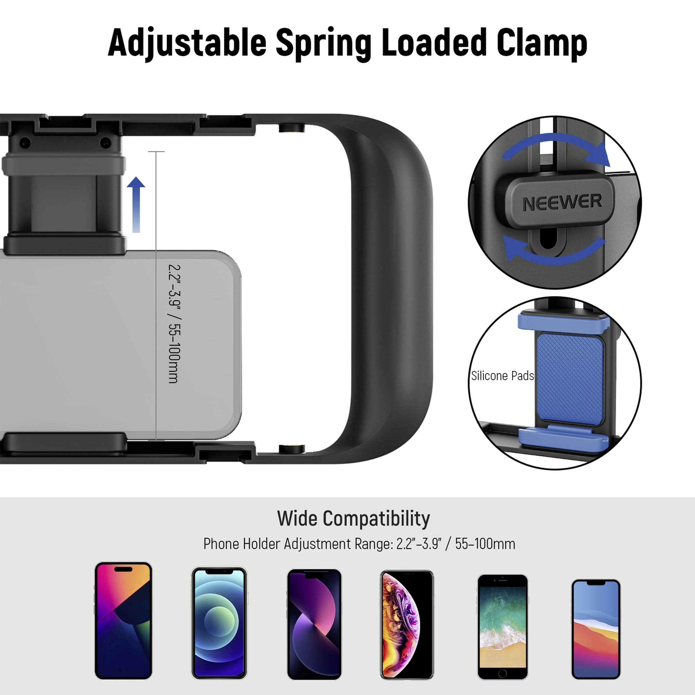 Uchwyt statywowy z regulowanym zaciskiem sprężynowym, poduszkami silikonowymi i kompatybilnością dla smartfonów o szerokości 5,5-10 cm.