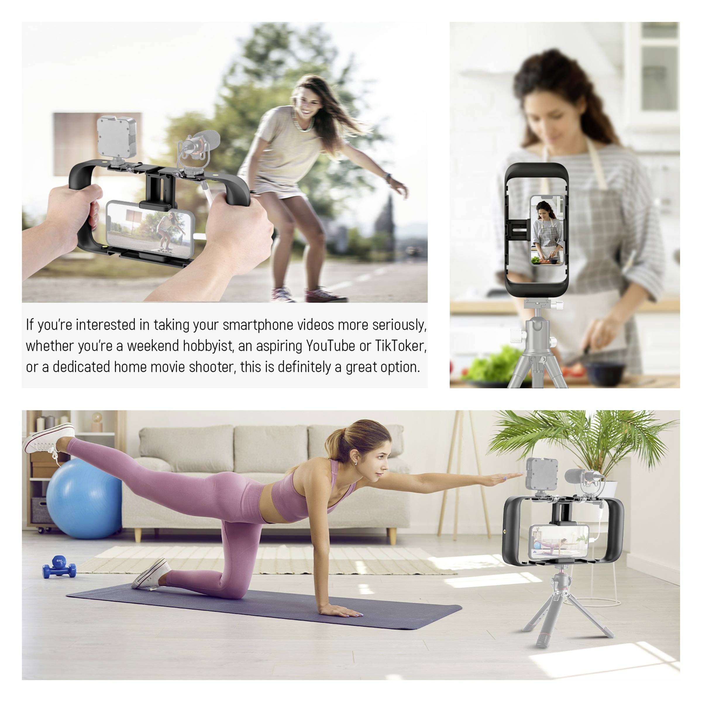 'Kolaż: U góry po lewej stronie jedna osoba filmuje drugą jeżdżącą na deskorolce za pomocą uchwytu. U góry po prawej stronie ktoś używa tego samego urządzenia. Na dole ktoś wykonuje ćwiczenia fitness, nagrywany za pomocą systemu mocowania.'