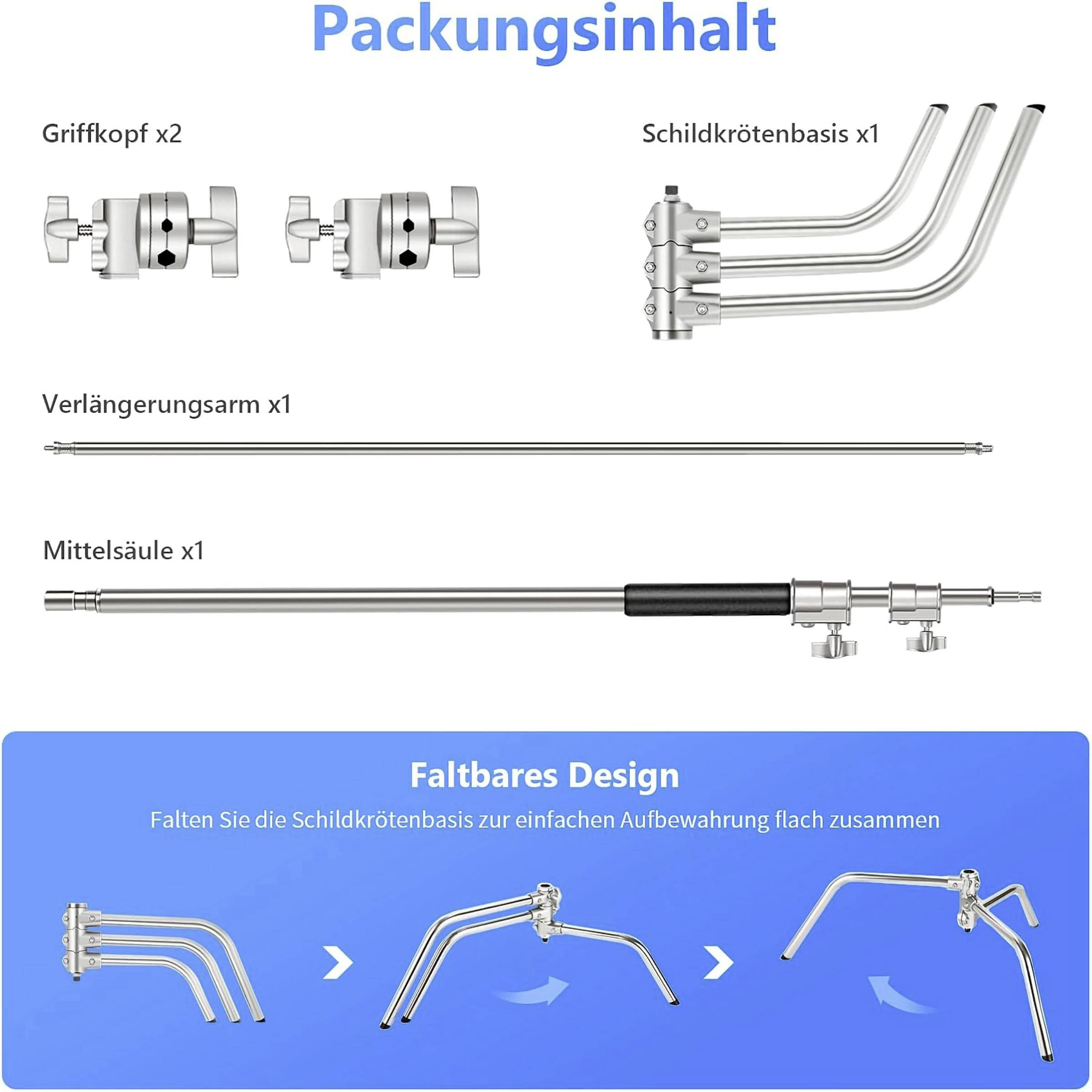 Zawartość opakowania prezentuje elementy zestawu, w tym uchwyty, bazę w kształcie żółwia, ramię przedłużające oraz kolumnę środkową. Podkreślono składany design.