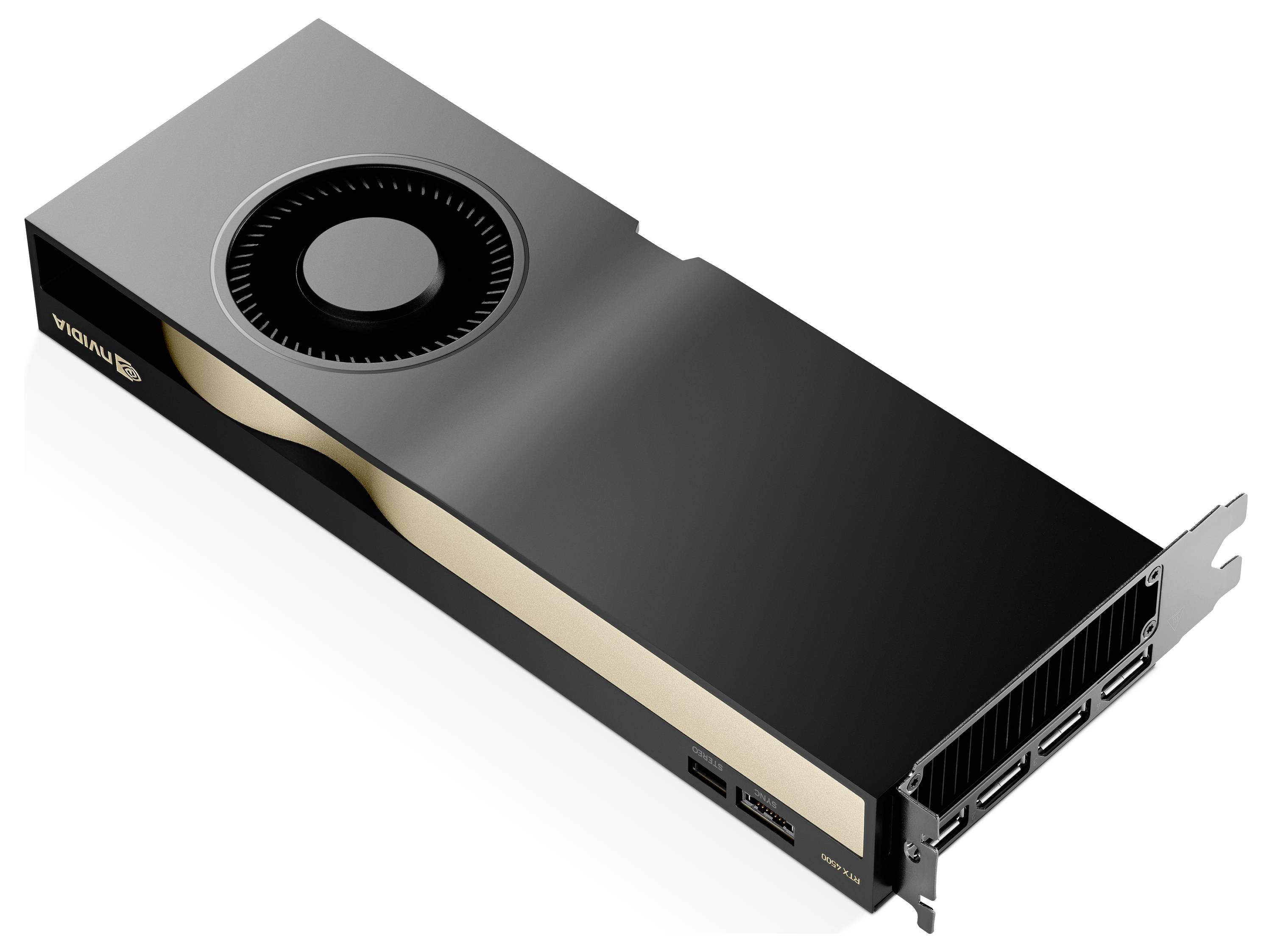 Karta graficzna w kolorze czarnym z złotymi akcentami i wentylatorem. Cztery złącza z tyłu. Projekt wygląda nowocześnie i technicznie.