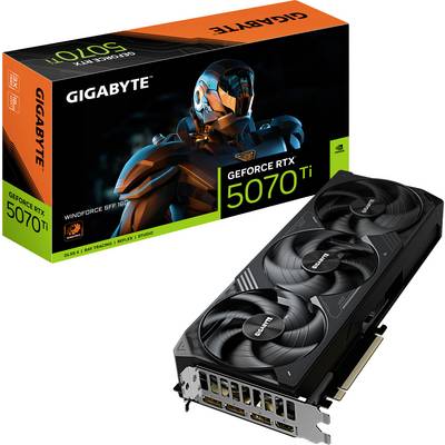 Karta graficzna 'Gigabyte GeForce RTX 5070 Ti' w opakowaniu; widoczna karta z trzema wentylatorami i motywem pomarańczowego robota na pudełku.