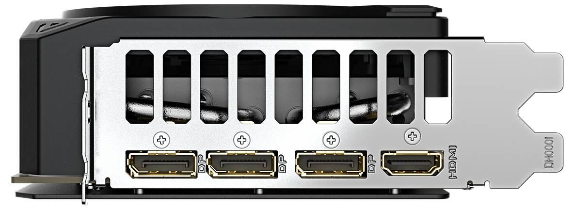 Tylna strona karty graficznej z trzema złączami DisplayPort i jednym złączem HDMI.