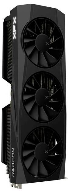 Czarna karta graficzna z trzema wentylatorami z napisem 'XFX Radeon' na boku.