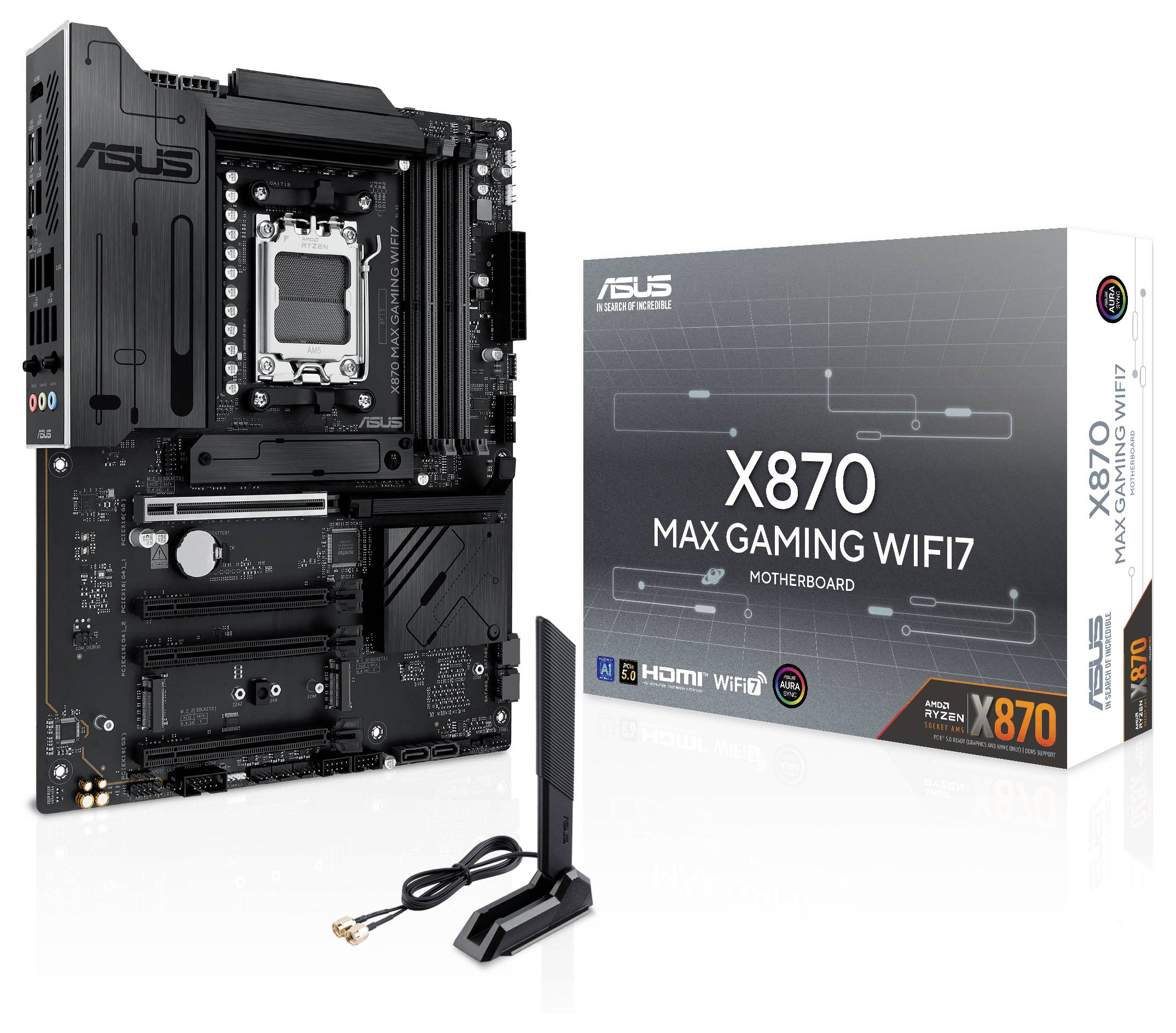 Płyta główna ASUS X870 MAX GAMING WIFI7 w zestawie. Funkcje: WiFi7, HDMI, dla procesorów AMD Ryzen. Zawiera antenę i przewody.