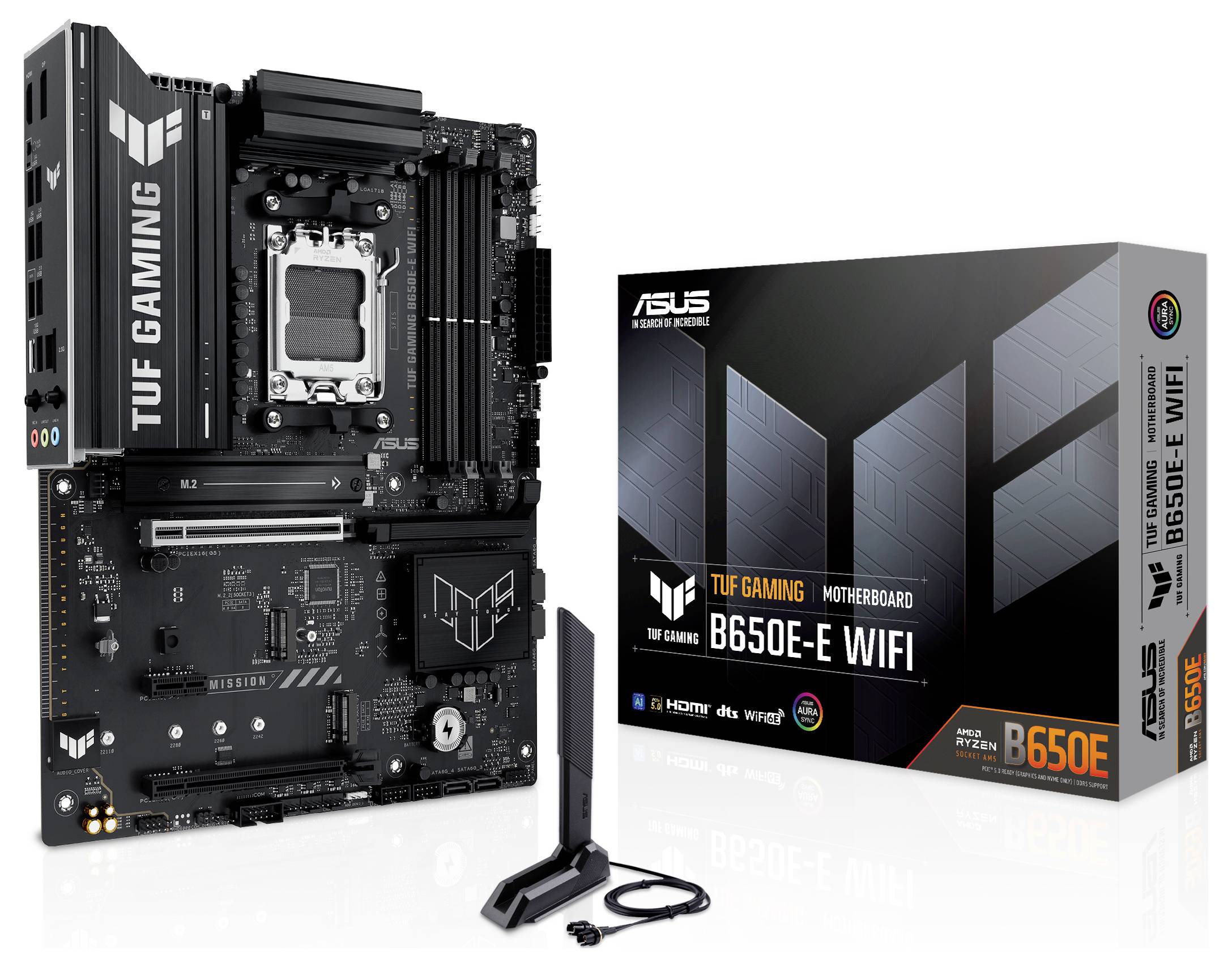 Płyta główna ASUS TUF Gaming B650E-E WiFi obok opakowania produktu, prezentująca komponenty techniczne, takie jak sloty i złącza.