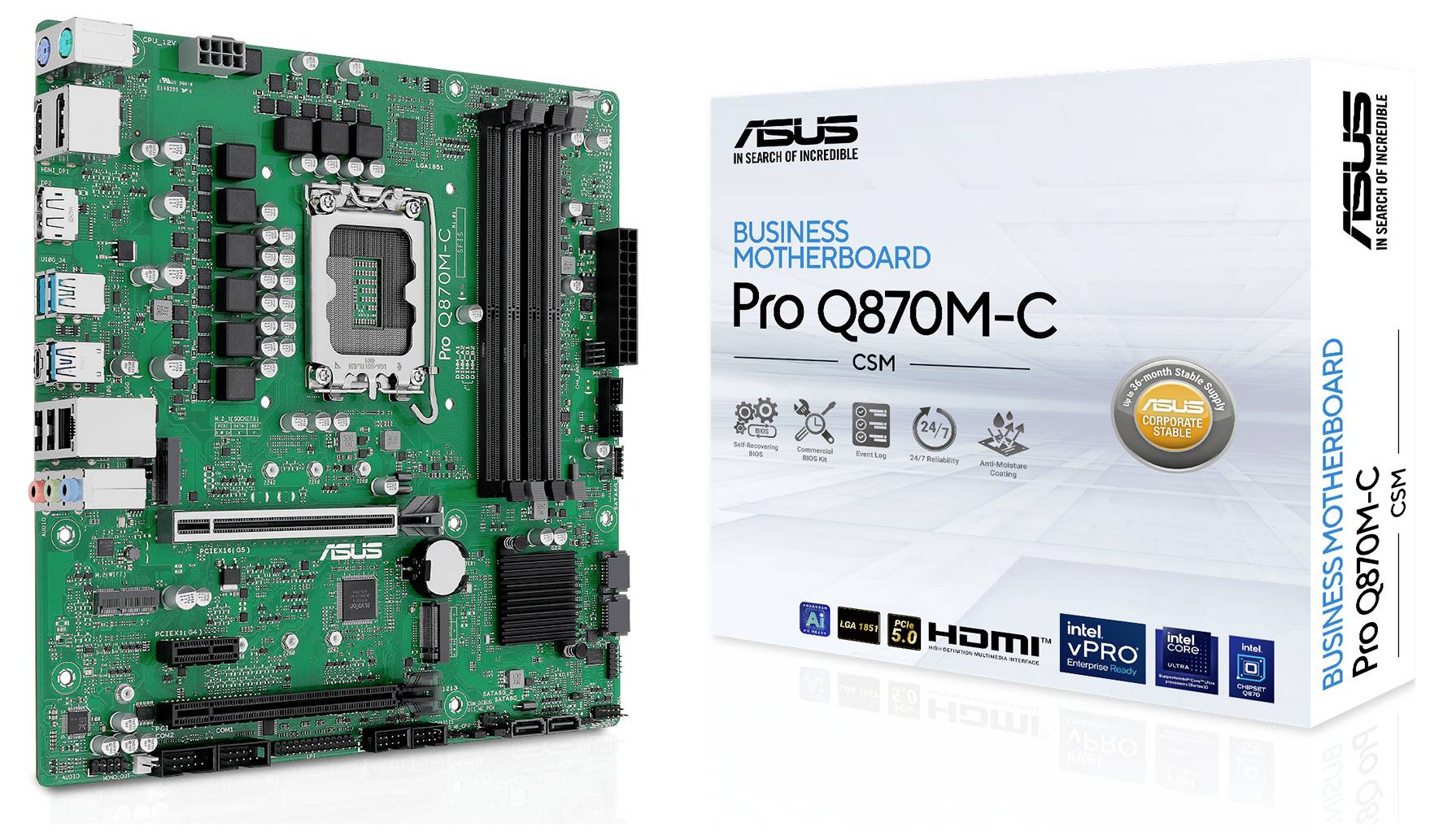 Płyta główna ASUS Pro Q870M-C CSM i jej opakowanie. Główna płytka drukowana z gniazdem Intel, wieloma złączami i zielonym podłożem PCB. Opakowanie prezentuje logo i nazwę modelu.