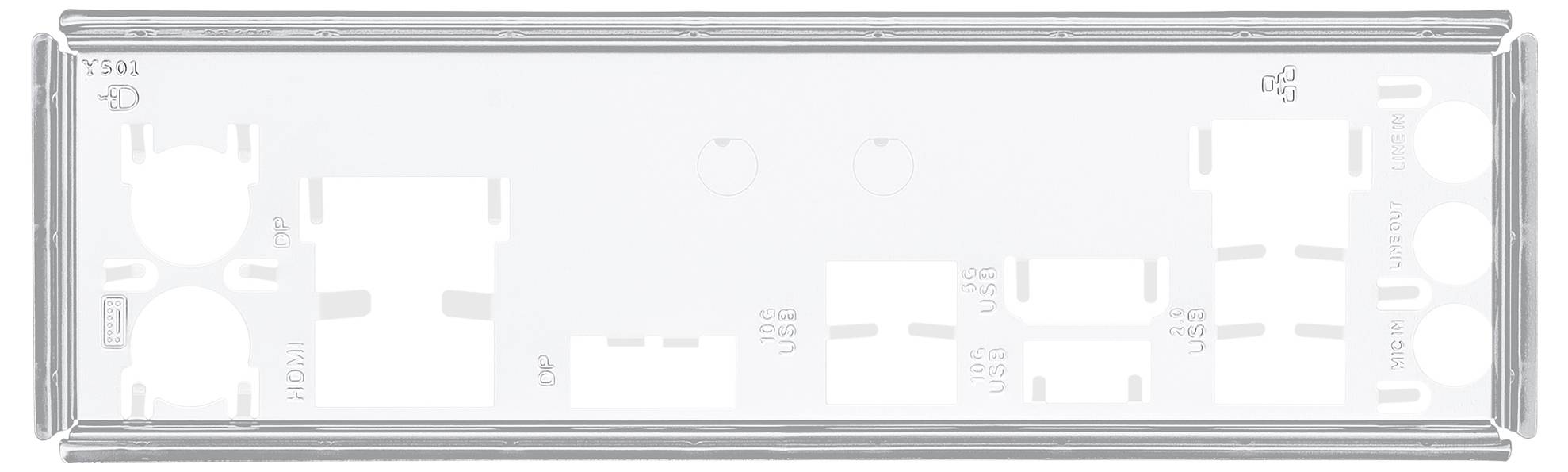 Obraz przedstawia przezroczysty panel przedni z różnymi wycięciami i oznaczeniami dla złączy takich jak USB i HDMI.