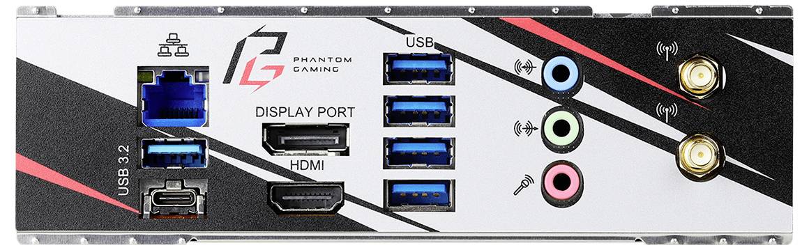 Tylna strona płyty głównej z portami: porty USB, HDMI, DisplayPort, złącza audio oraz gniazda anten Wi-Fi.