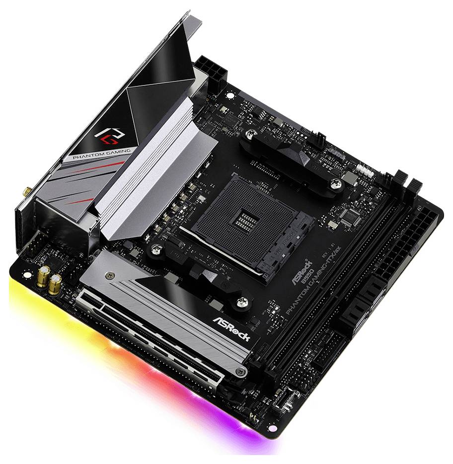 Czarna płyta główna ASRock z srebrnymi akcentami, oznaczeniami i świecącym paskiem podświetlenia RGB na dolnej krawędzi.