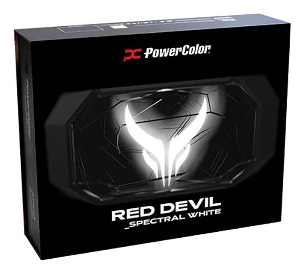 Opakowanie karty graficznej PowerColor 'Red Devil Spectral White' z podświetlanym logo diabła na ciemnym tle.
