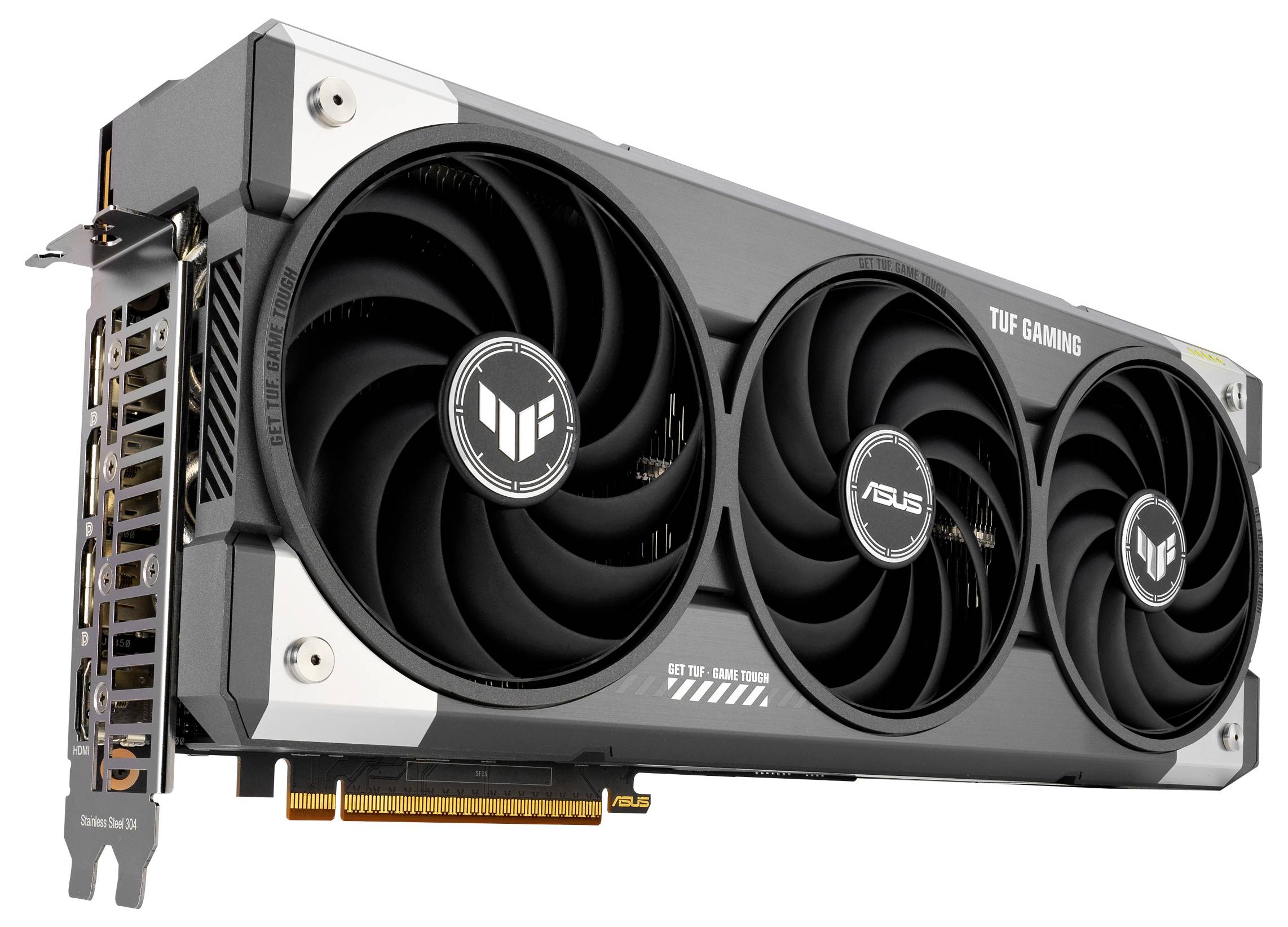 Karta graficzna ASUS TUF Gaming z trzema dużymi wentylatorami i czarnymi akcentami, nazwa modelu 'GeForce RTX' widoczna z boku.