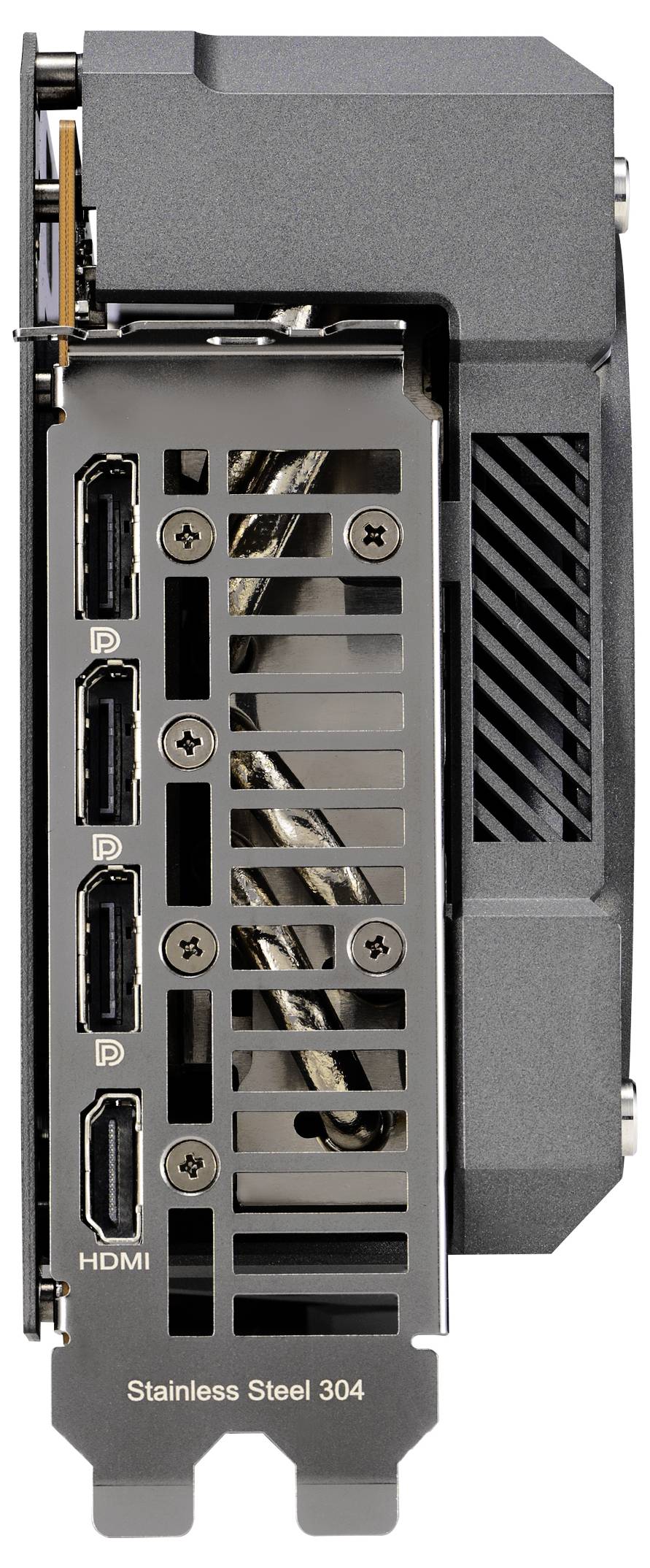 Karta graficzna z czterema złączami DisplayPort i jednym złączem HDMI, zamontowana pionowo. Szczeliny wentylacyjne po prawej stronie, obudowa wykonana ze stali nierdzewnej 304.