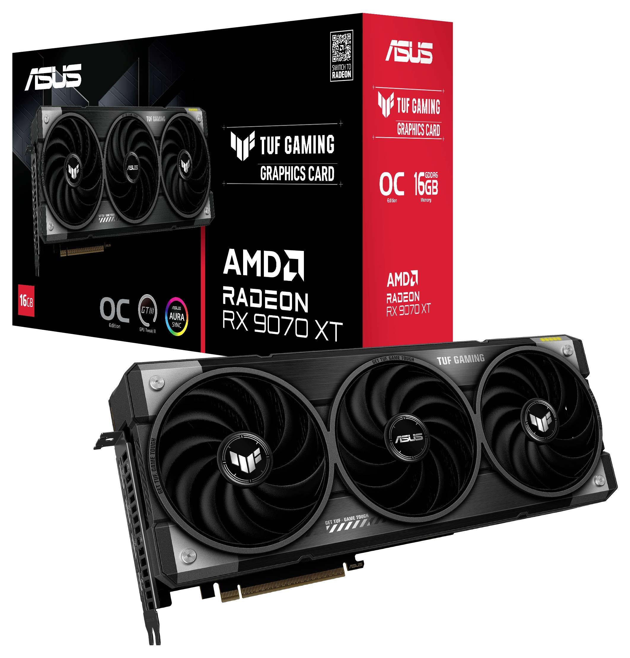 Karta graficzna 'AMD Radeon RX 7900 XT' z trzema wentylatorami przed opakowaniem 'ASUS TUF Gaming'. Opakowanie prezentuje specyfikacje karty graficznej.
