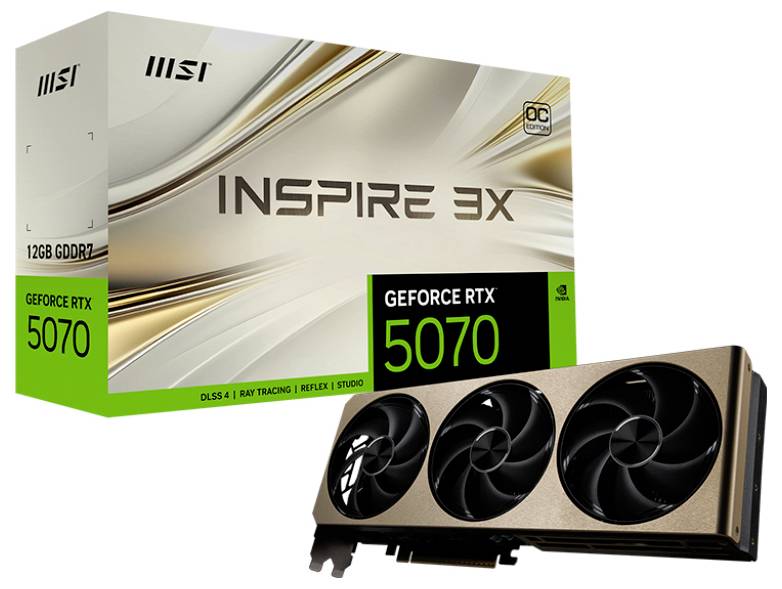 Karta graficzna obok pudełka oznaczonego "MSI GeForce RTX 5070", podkreślająca funkcje takie jak DLSS 4, śledzenie promieni i pamięć 12 GB GDDR7.