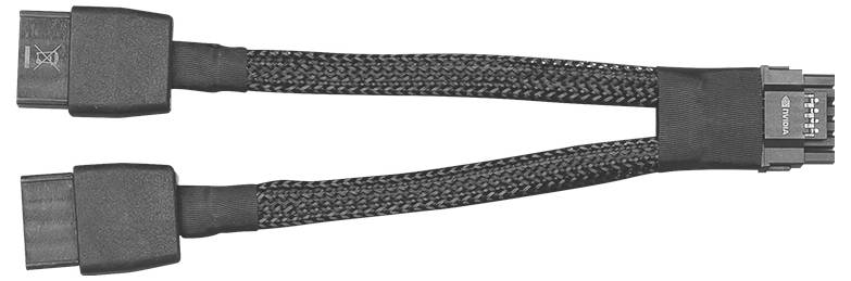 Podwójny adapter kablowy z wtyków 6-pin na 8-pin do zasilania komponentów komputerowych, prezentujący złącza na obu końcach.