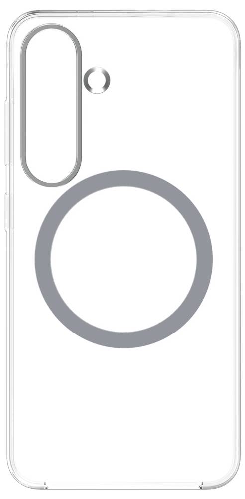 Przezroczyste etui na telefon z dużym szarym kołem i owalnym wycięciem w lewym górnym rogu na aparat.