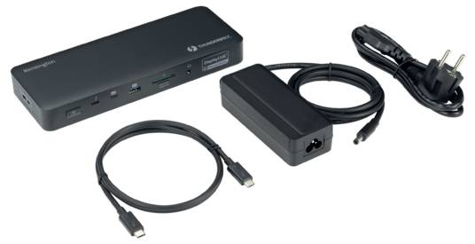 Czarna stacja dokująca z wieloma portami, zasilaczem i dwoma przewodami USB-C, przeznaczona do podłączenia wielu urządzeń.