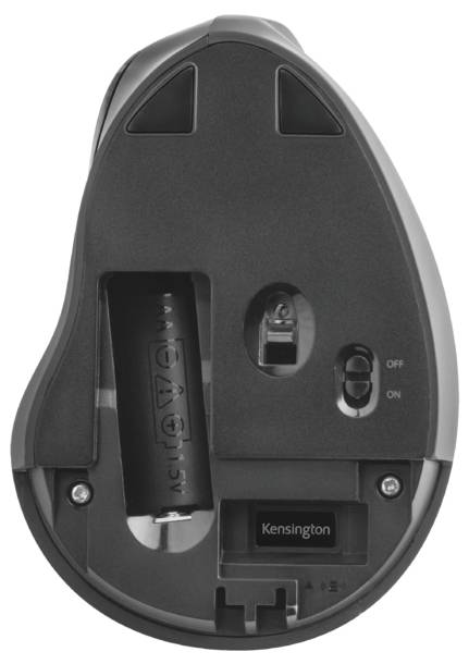 Spodnia strona ergonomicznej myszy z otwartą komorą baterii, widocznymi symbolami baterii, przełącznikiem włączania/wyłączania oraz logo Logitech.