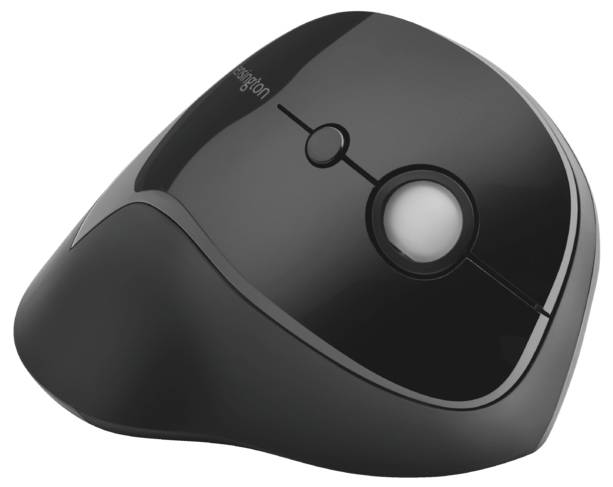 Ergonomiczna czarna mysz komputerowa z trackballem i dwoma głównymi przyciskami, odpowiednia do wygodnej pracy przez dłuższy czas.