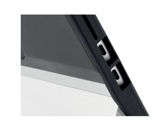 Laptop z dwoma portami USB-C z boku.