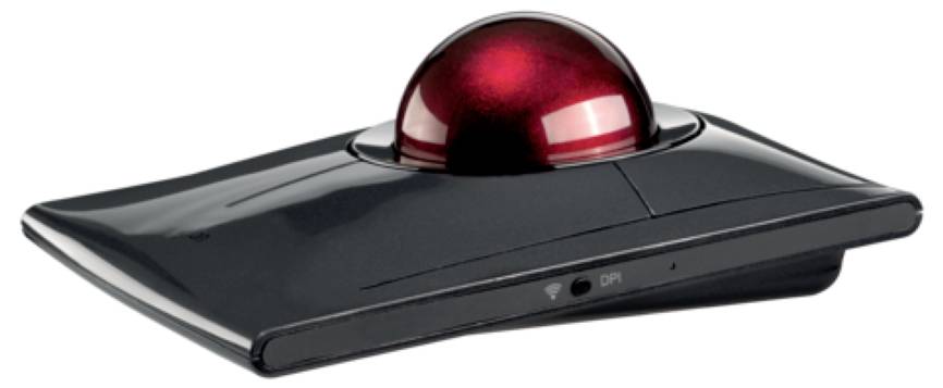 Ergonomiczna mysz trackball z czerwoną kulką, odpowiednia do precyzyjnego nawigowania na komputerach bez tradycyjnego poruszania myszą.