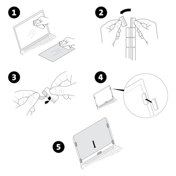 Instrukcja krok po kroku instalacji: 1. Usunięcie folii ochronnej. 2. Zamocowanie magnesów. 3. Wyrównanie elementów. 4. Wpięcie. 5. Użytkowanie laptopa.