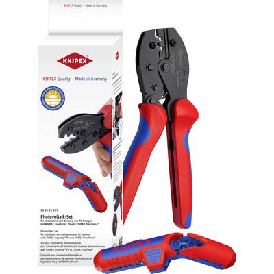 Szczypce zaciskowe i opakowanie KNIPEX, czerwono-niebieskie, do instalacji fotowoltaicznych. Tekst na opakowaniu: 'KNIPEX Quality – Made in Germany'.
