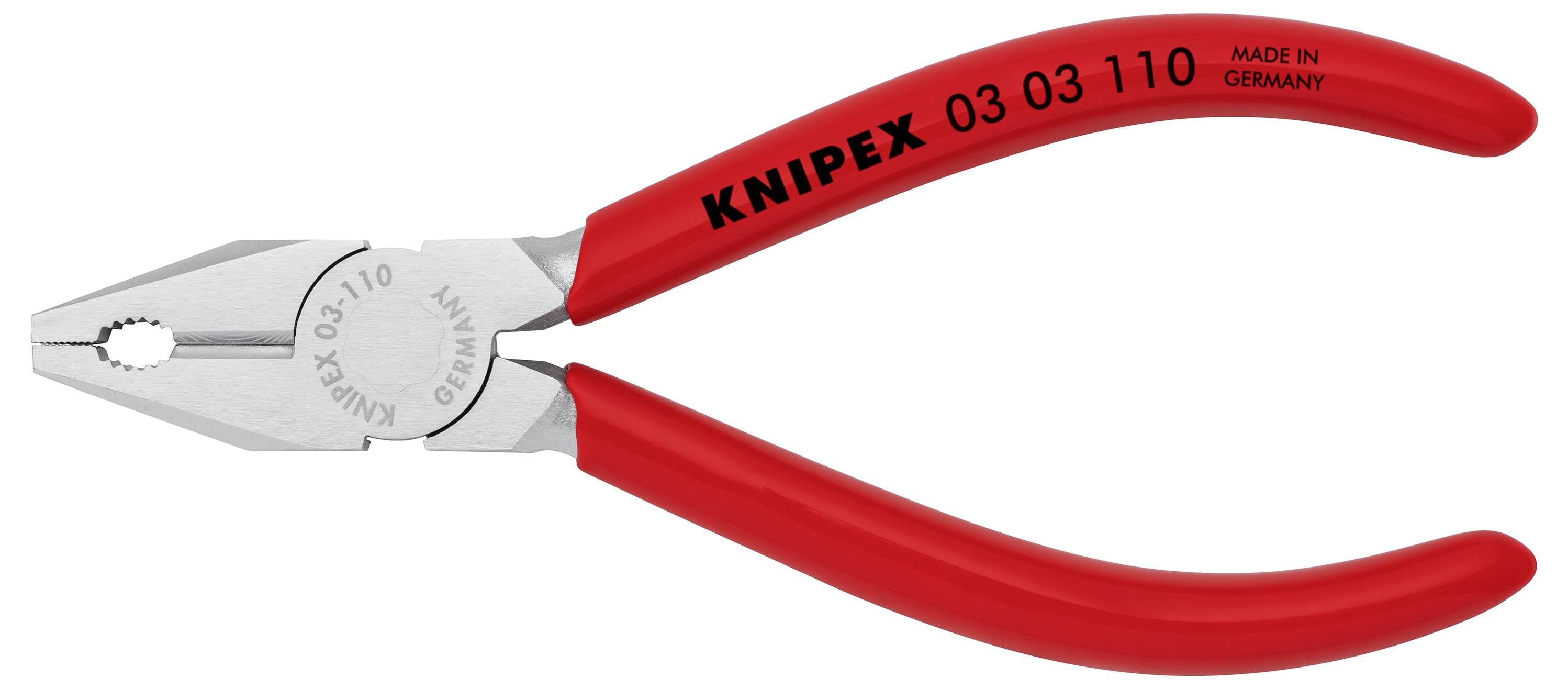 Czerwone szczypce uniwersalne marki Knipex z oznaczeniem '03 03 110 MADE IN GERMANY', nadające się do chwytania i cięcia.