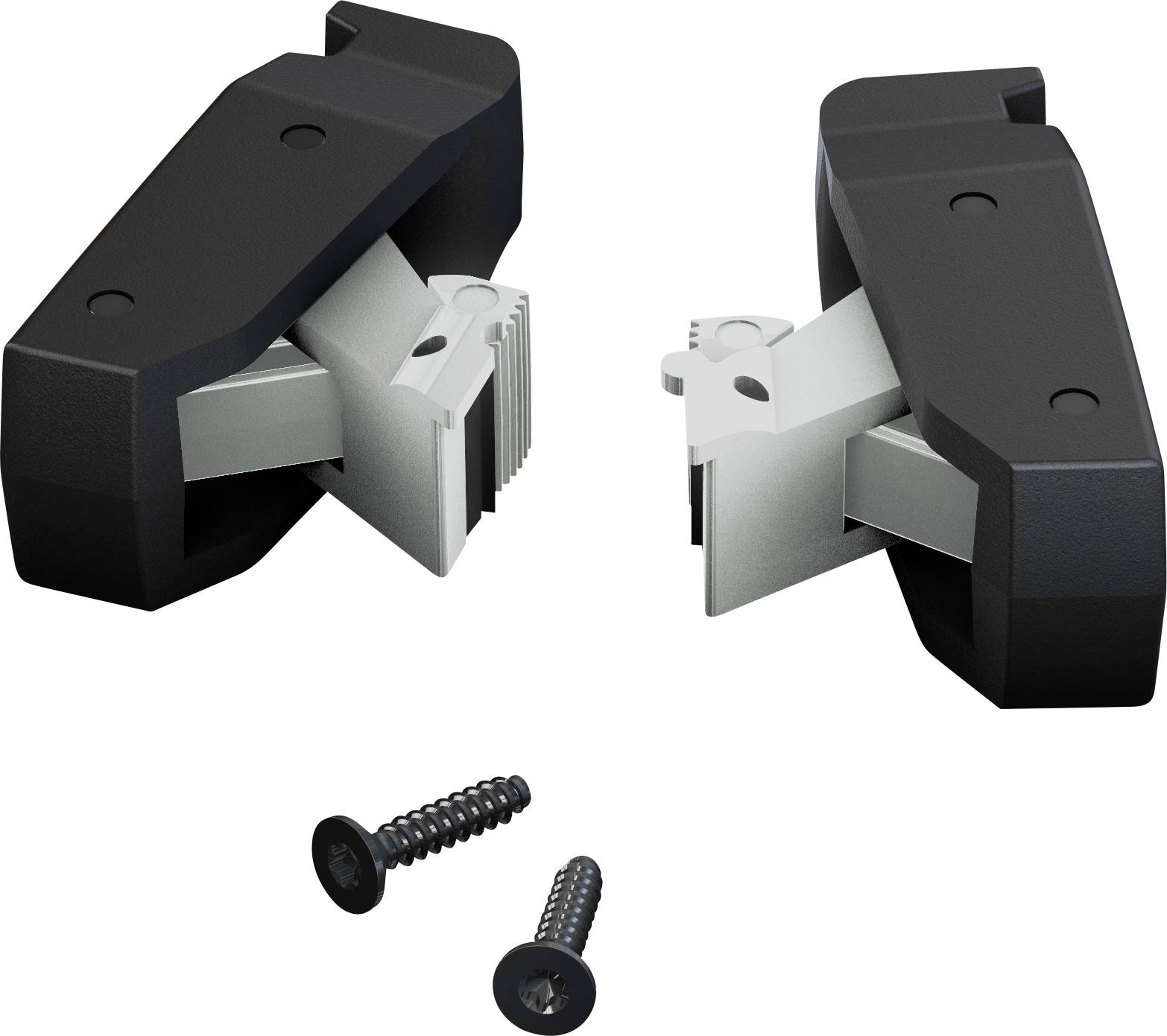 Dwie czarne części z tworzywa sztucznego, połączone pośrodku, które mogłyby służyć jako uchwyt lub zacisk. Na dole leżą dwie pasujące śruby.