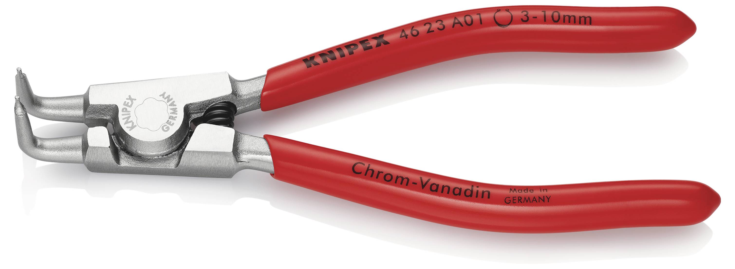 Czerwone szczypce do pierścieni zabezpieczających marki Knipex wykonane ze stali chromowo-wanadowej. Odpowiednie dla średnic od 3 do 10 mm. Wyprodukowane w Niemczech.
