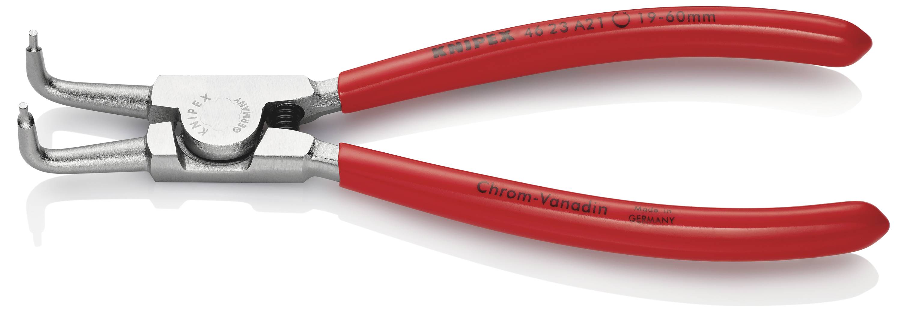 Szczypce do pierścieni zabezpieczających z czerwonymi końcówkami, zakrzywionymi, przeznaczone do mocowania pierścieni sprężynowych. Wysokiej jakości narzędzie wykonane ze stali chromowo-wanadowej.