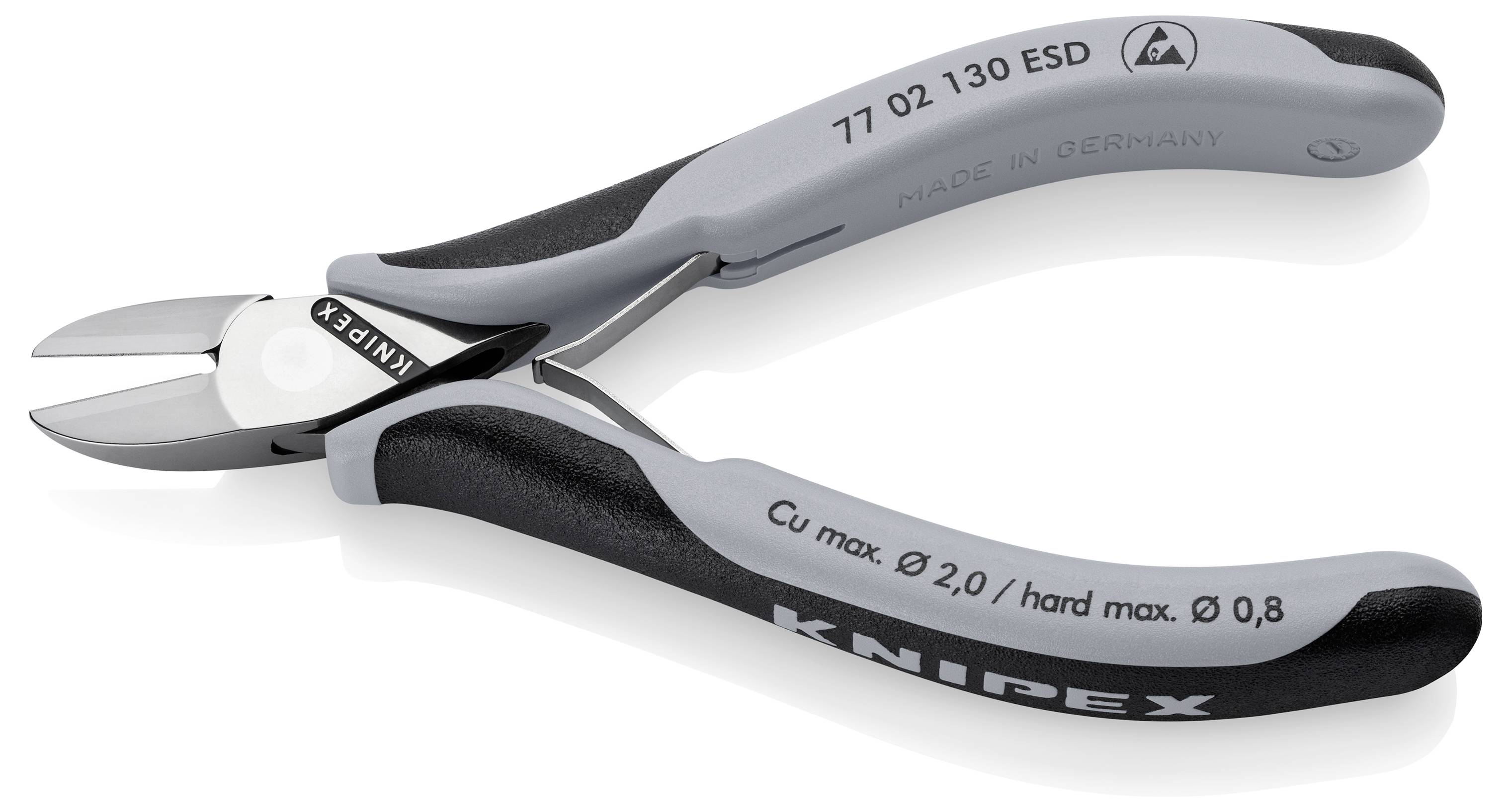 Obcinaczki boczne z szarymi uchwytami i metalowymi ostrzami tnącymi. Nadruk na narzędziu: 'KNIPEX', rozmiar oraz ograniczenia materiałowe.